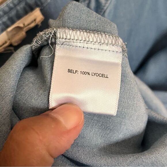 Jane & Delancey Collarless Blue Denim Roll Tab Sleeve Button Front Shirt Size 2X - Picture 9 of 10